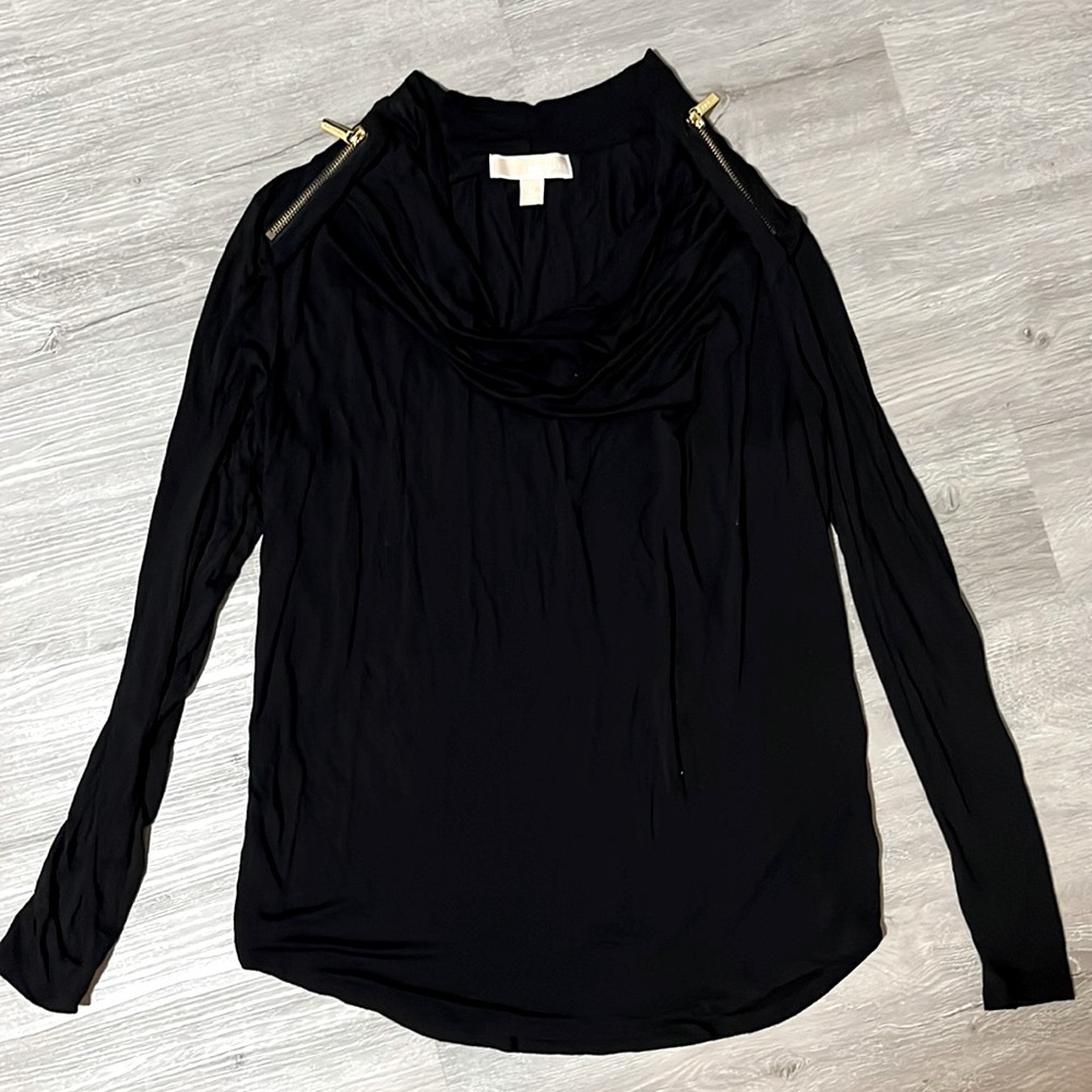 Michael Kors Black Cowl Neck Top with Gold Shoulder Zippers